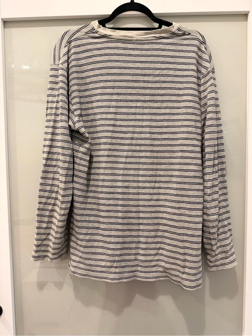 Ralph Lauren Long-Sleeve V‑Neck Striped Shirt in Gray and Blue with Yellow Logo
